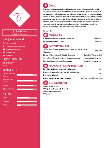 Fen Bilgisi Öğretmeni CV Örnekleri cv indir